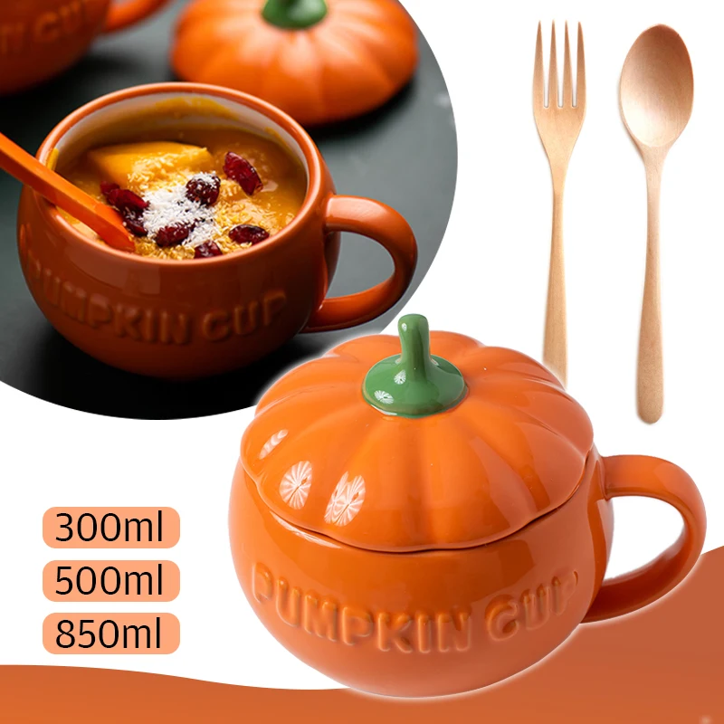 

Kawaii Pumpkin Mugs Milk Water Coffee Cups Breakfast Dessert Yogurt Mug Instant Noodle Bowl With Lid Spoon Ceramic Mugs Gift