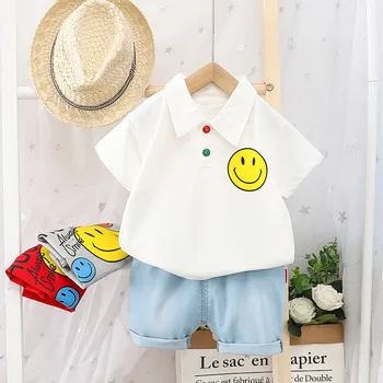 

Summer Baby Boy Outfit Kids Lapel Short Sleeve Smile Face T-shirt+Cowboy Shorts Two Piece Toddler Boys Set Cotton Newborn Suit