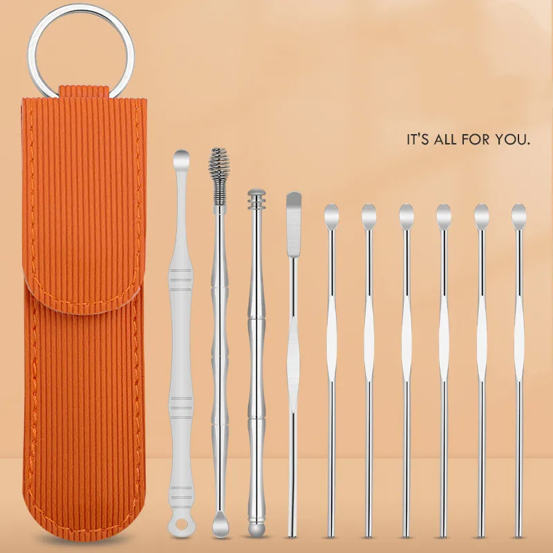 10pcs portable stainless steel double headed ear pick spring spiral massage ear pick ear picking tool