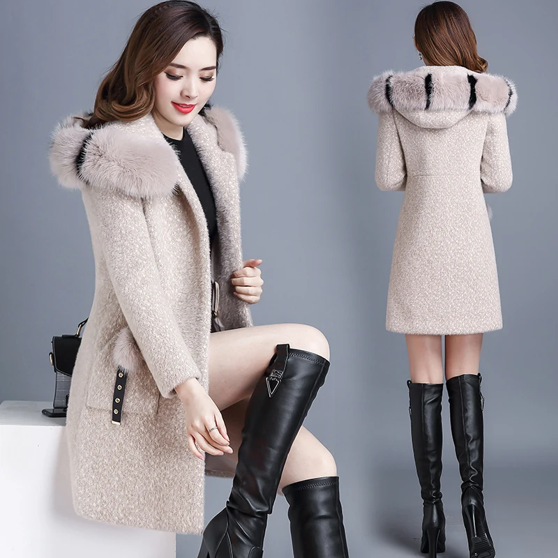 #*Cheap KMETRAM 2019 Faux Fur Coat Female Woolen Coats Winter Jacket Women Fur Collar Thicken Parka Women Korean Long Jackets 4xl MY4281
