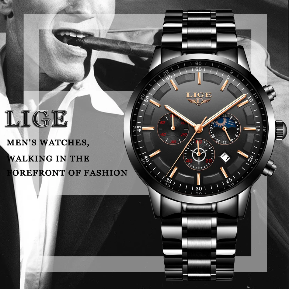 LIGE Men Watches Steel Wristwatch Sport Waterproof Chronograph Analog Quartz Watch Man Business Date Clock Luxury Watch for Men