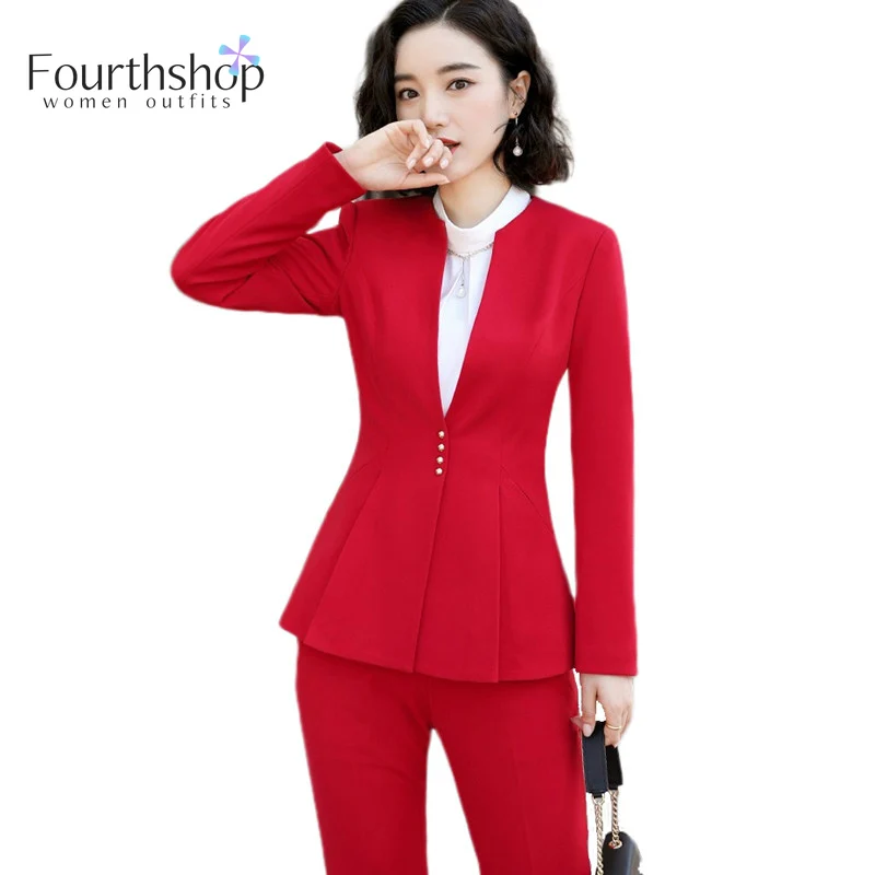 

Red Pant Suits for Women Office Lady Business Work Pants Jacket Set Plus Size Autumn Winter 2019 Formal Suit Female Pantsuits