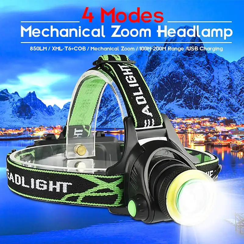 XANES 7403 850LM T6+COB 4 Modes USB Charging Mechanical Zoom Headlamp 18650 Battery for Camping Torch LED Lantern Flashlamp