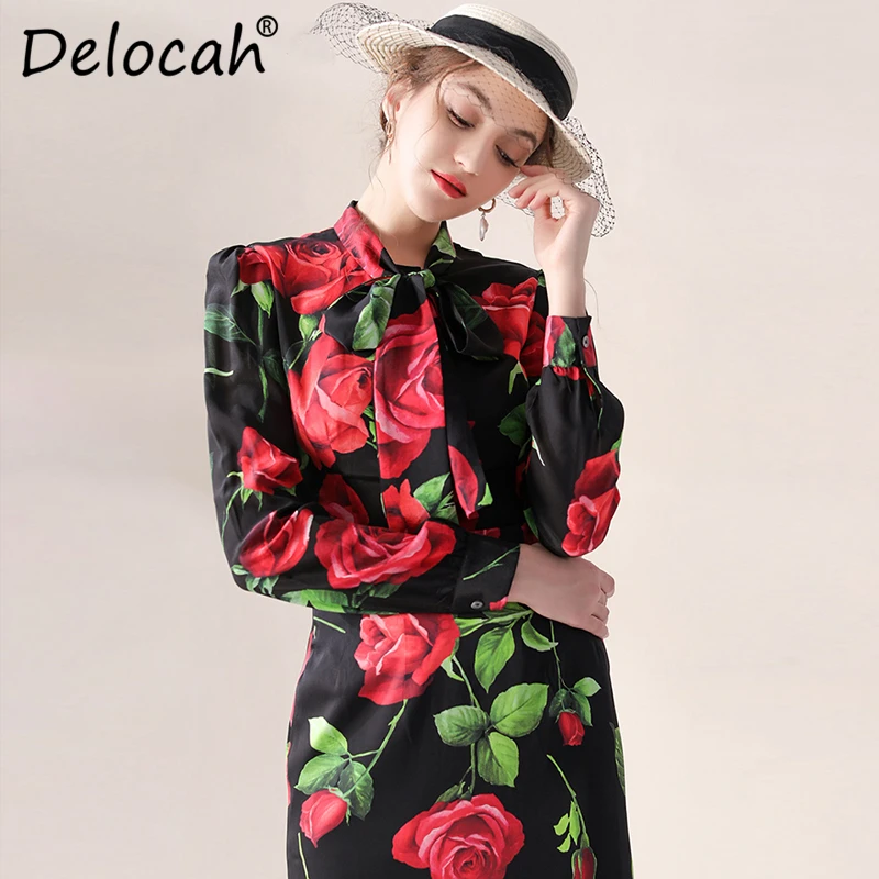 

Delocah 2019 Autumn Winter Women Shirt Runway Fashion Designer Long Sleeve Rose Flower Printed 100% Silk Modern New Blouses