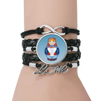 

Russia Symbol Russian Dolls Pattern Bracelet Love Black Twisted Leather Rope Wristband