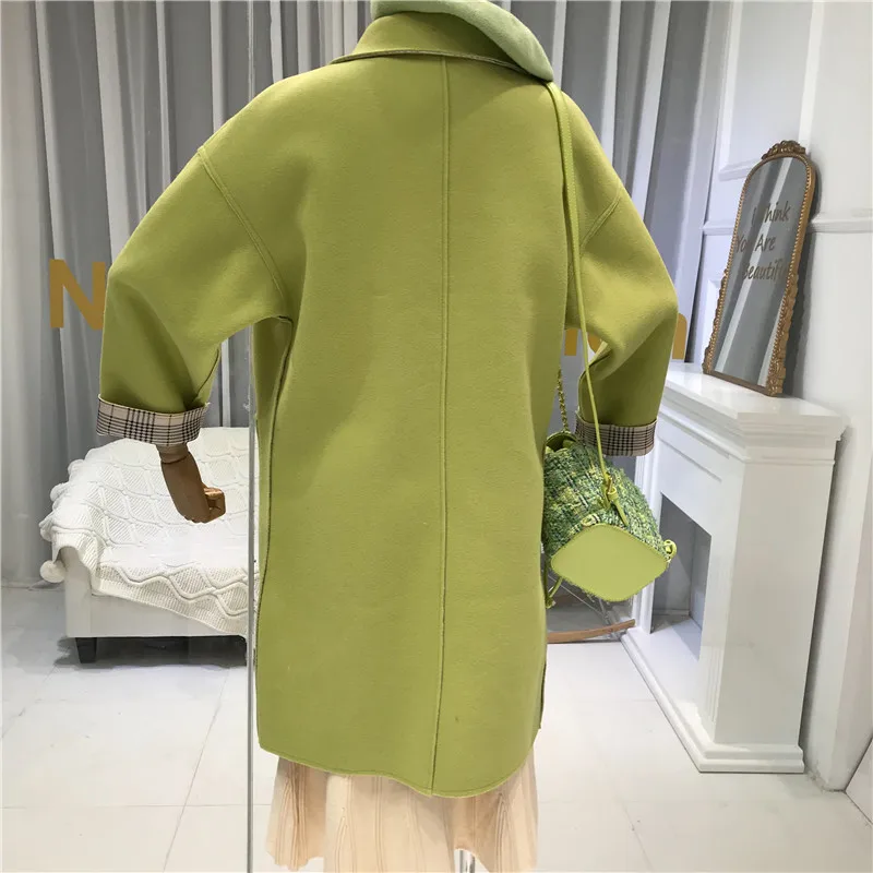 Green Abrigos Mujer Invierno Женское шерстяное пальто с карманами, длинное одноцветное однобортное пальто с широкой талией и отложным воротником