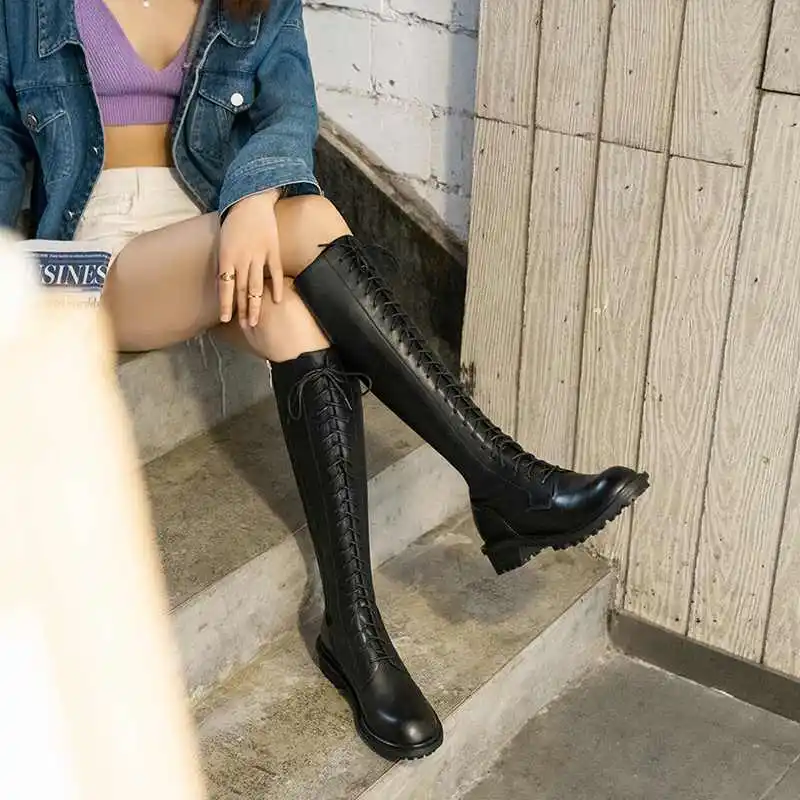 Luxury brand riding boots women knight boots cow leather classic lace up keep warm Motorcycle boots women black knee-high boots
