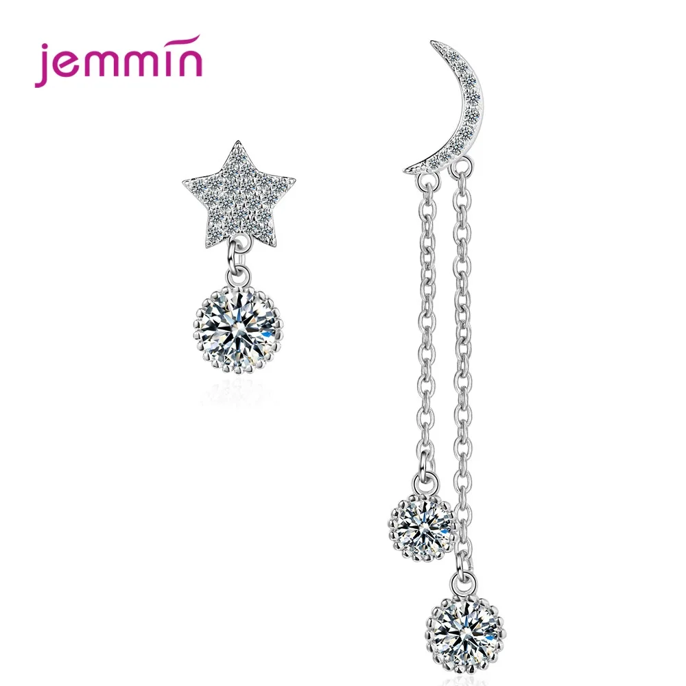 

New Statement Classic Women 925 Sterling Silver Austrian CZ Zircon Drop Earrings Asymmetric Earrings Star Moon Korean Jewelry