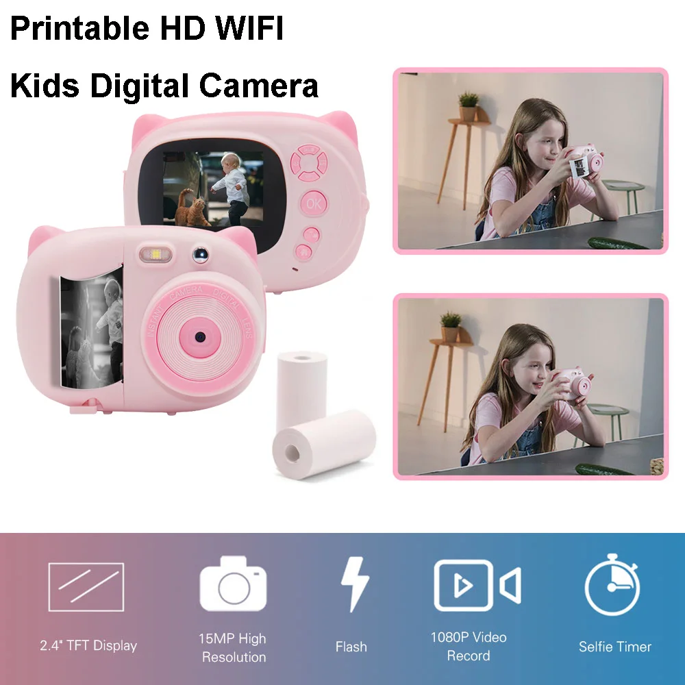 15 MP 1080P HD Mini Cute Children Video Photography Camcorder Photo Camera with 2.4 Inch TFT IPS Screen WiFi Instant Printing
