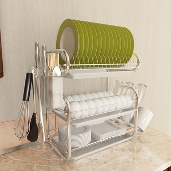 

3 Tiers Wrought Iron Dish Drying Rack Drainer Storage Shelf With Drainboard And Cup Holder For Kitchen - Silver + White/Green