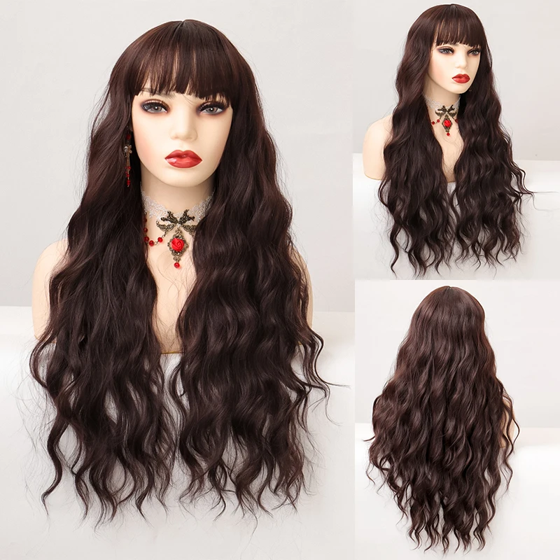 

Длинные темно-коричневые женские парики MANWEI с челкой, водные волнистые термостойкие синтетические парики для черных женщин, афроамериканские волосы