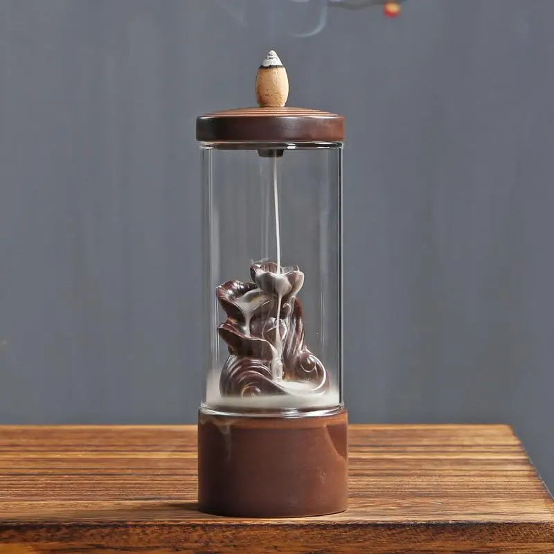 Керамическая горелка для благовоний с обратным потоком, держатель для благовоний для горной реки ручной работы с акриловой пластиковой чашкой, ароматическая башня для благовоний