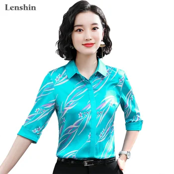 

Lenshin Women Floral Print Shirts Elegant Turn-down Collar Half Sleeve Blouse Office Lady Female OL Tops Chemise Loose Style