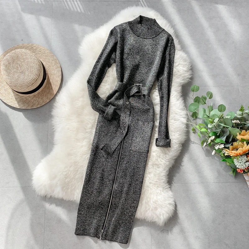 ALPHALMODA осеннее женское винтажное вязаное платье со стоячим воротником с длинными рукавами на молнии с разрезом и поясом с пряжкой