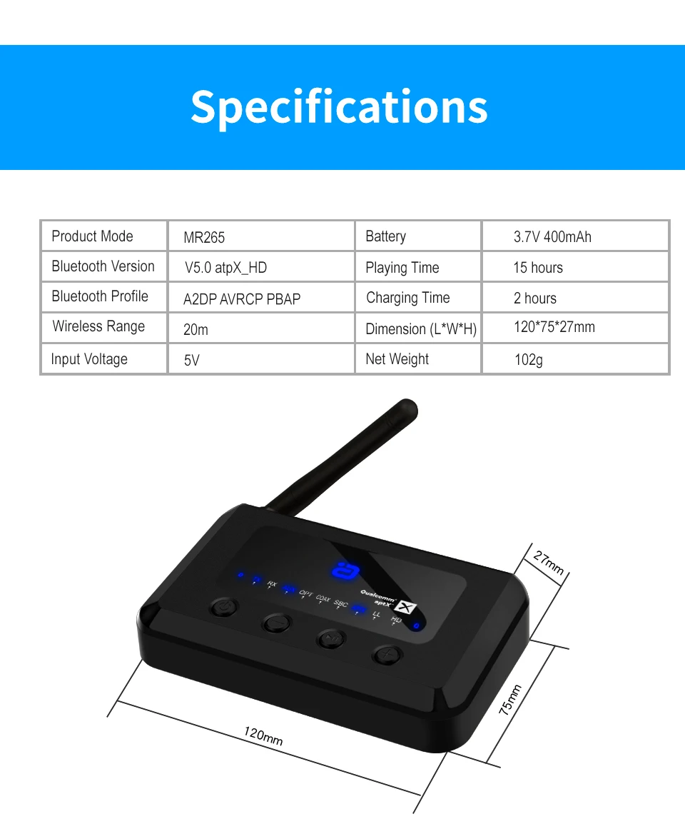 MR265 Bluetooth 5,0 HD аудио приемник передатчик aptX LL/HD 2-в-1 аудио приемник адаптер для ТВ/колонки/PC оптический коаксиальный кабель