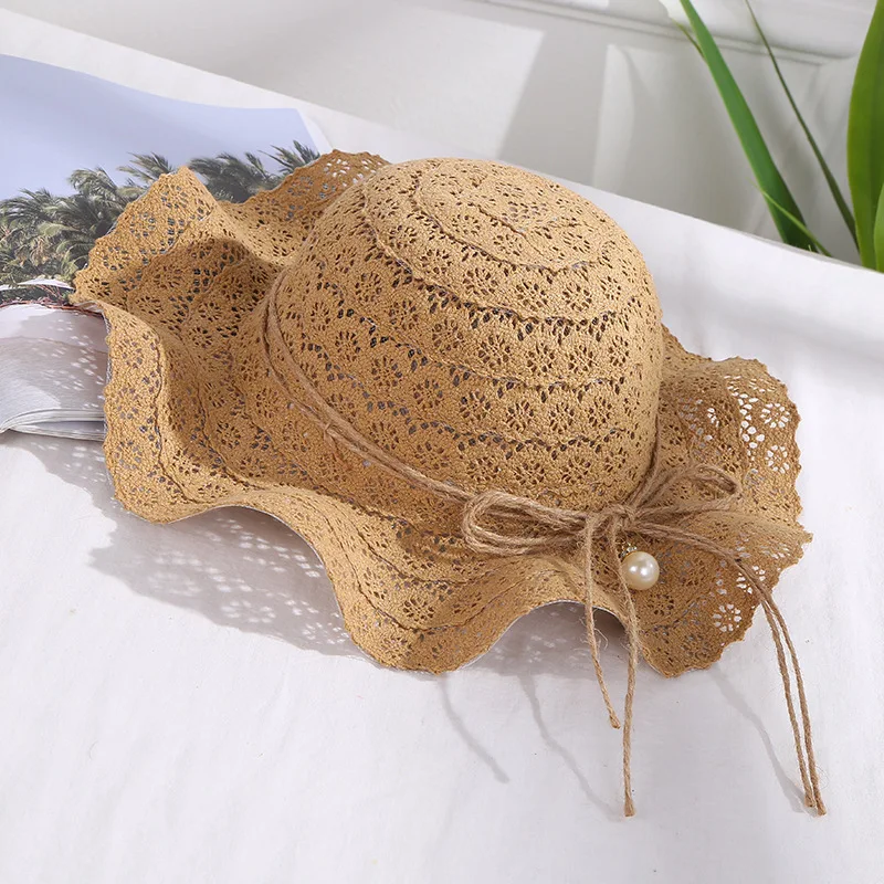 Местная Стоковая летняя кружевная пляжная Панама с волнами для маленьких девочек Детская кепка, складывающаяся шляпа от солнца с жемчугом, Повседневная Соломенная шляпа 52-54 см