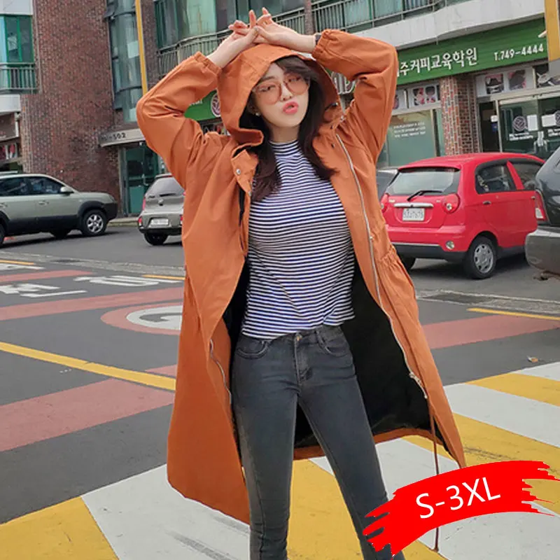 Spring Autumn New Women Loose Harajuku Windbreaker Long Sleeve Hooded Casual Plus Size Medium Long Trench Coats Casacas