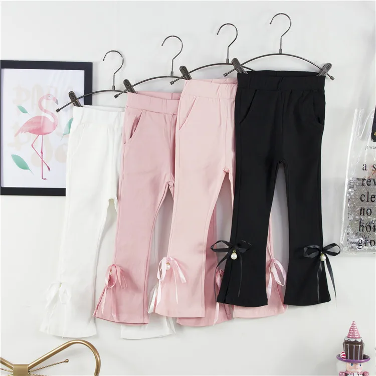 

2019 Spring New Style-Childrenswear Korean-style Girls Elasticity Slit Trousers Children Fashion Bow Bell-bottom Pants