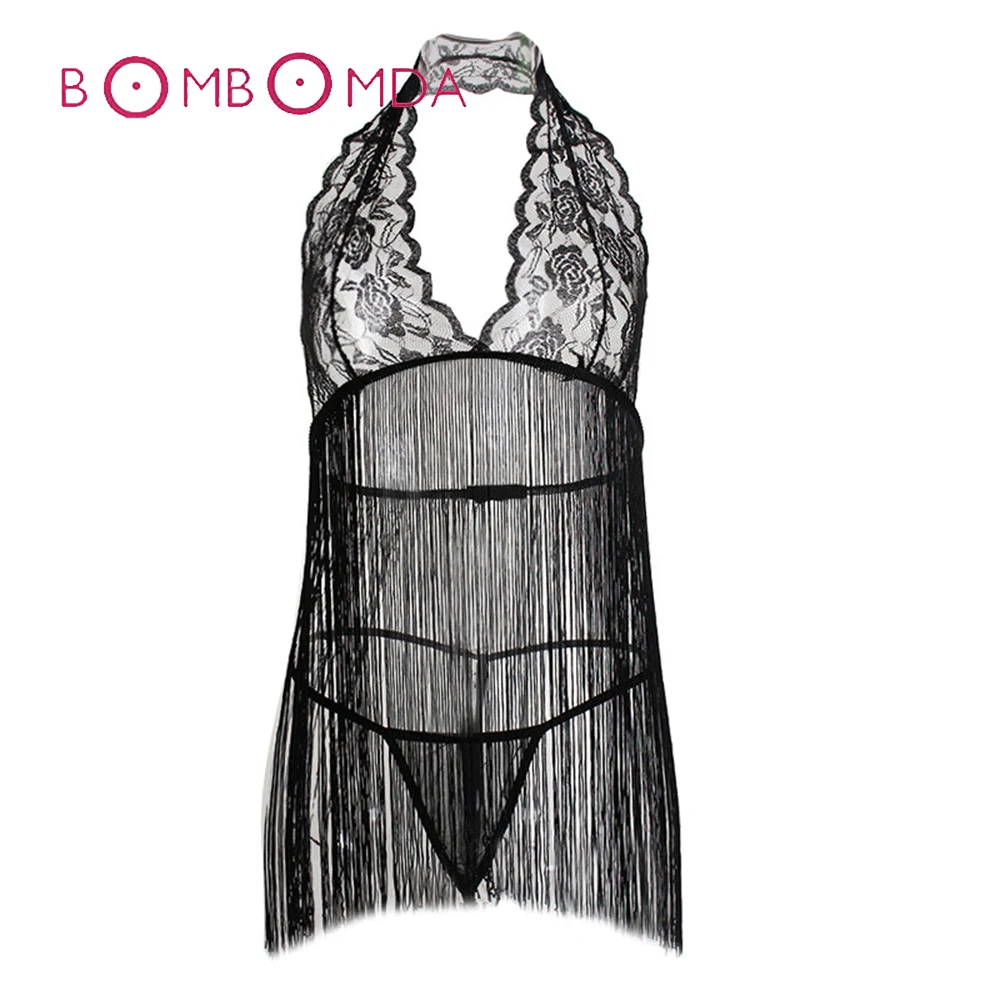 

Women Sexy Lingerie Ladies Black Hollow Out Sexy Lingerie Lace Up Tassel Babydoll Female G-String Thong Underwear Nightwear