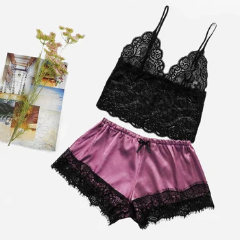 

Lace V-Neck Pyjamas Set Fashion Lace Patchwork Pajama Women Sleepwear Sexy Women Pyjama Set White Sleeveless Cami Top And Shorts