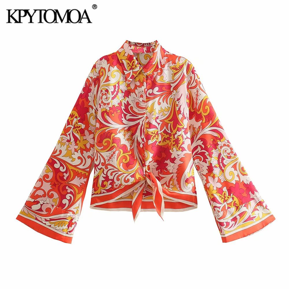 KPYTOMOA Women 2021 Fashion With Bow Tied Totem Print Asymmetry Blouses Vintage Long Sleeve Button-up Female Shirts Chic Tops | Женская