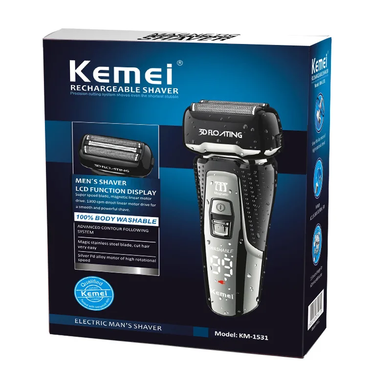 Kemei, 3 лезвия, электробритва, мужской перезаряжаемый триммер для бороды, светодиодный дисплей, бритва, быстрая зарядка, водонепроницаемый станок для бритья 42D - Цвет: with box