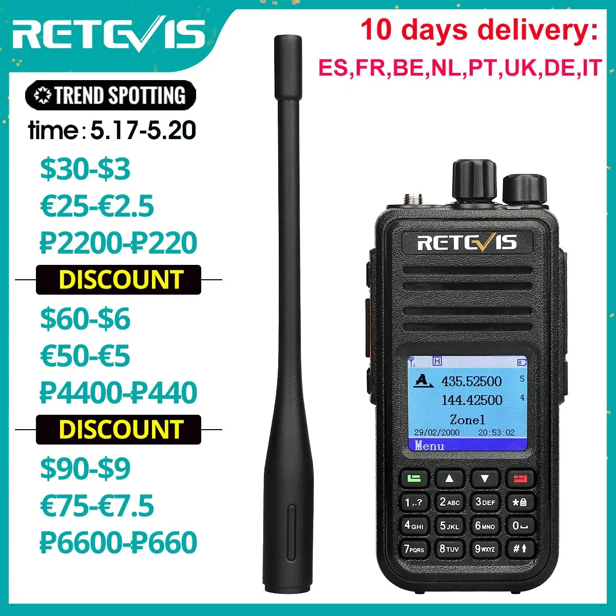 Retevis RT3S DMR Digital Walkie Talkie Ham Radio Stations Amateur VHF UHF Dual Band VFO GPS APRS Dual Time Slot Promiscuous 5W
