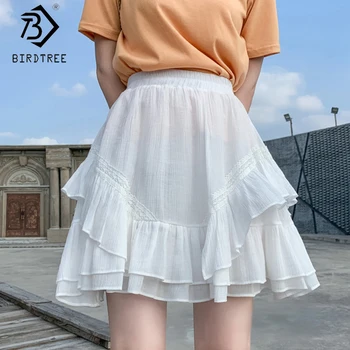 

Lace Patchwork A-Line Women Skirts 2020 Summer Casual Elastic Waist Mini Skirt Cotton And Linen Bottoms All Match B06425K