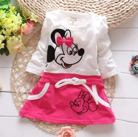 2021 New Hot Fashion Cute Minnie Stitching Dress Pure cotton Long Sleeve Female Baby Cartoon Print Mini Knee 2