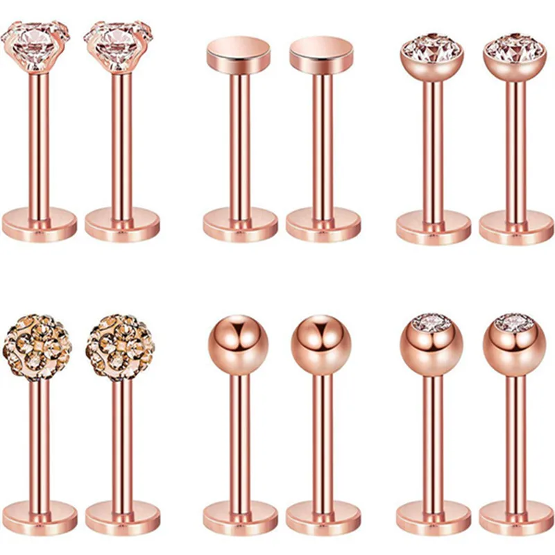 12PC Stainless Steel Zircon Barbell Tongue Ring Nose Labret Piercing