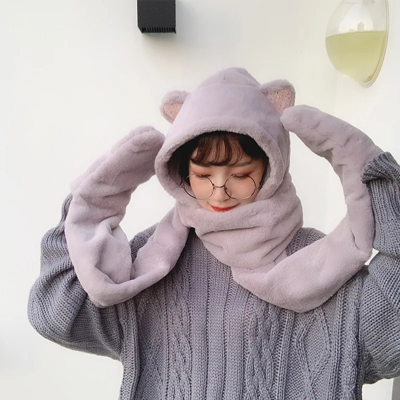 Kawaii женские наборы Зимняя кепка с кошачьими ушками с длинным шарфом перчатки Skullies Beanies плюшевые теплые мягкие наушники шапки для девочек шапки с героями мультфильмов