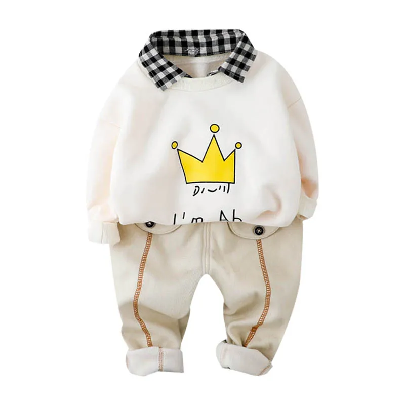 Разноцветная Осенняя Толстовка для новорожденных мальчиков и девочек с длинными рукавами и принтом короны и букв, Топы+ штаны, костюм со штанами