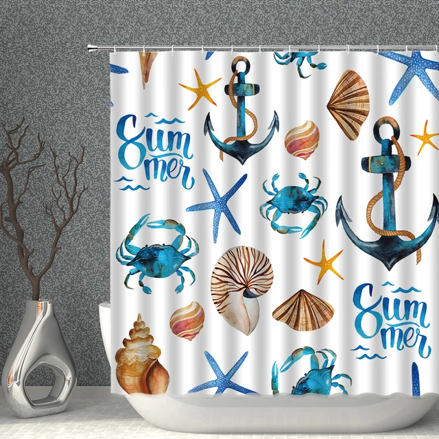 Fun Shower Curtain Cartoon Starfish Crab Shell Waterproof