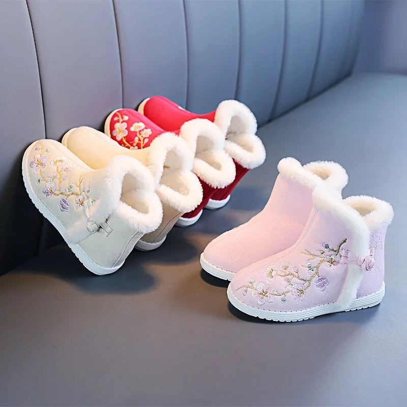 Winter Girls Boots Chinese Style Hand-embroidered Floral Cotton Shoes Children Warm Plush Snow Boots Winter Shoes Kids Boots Red