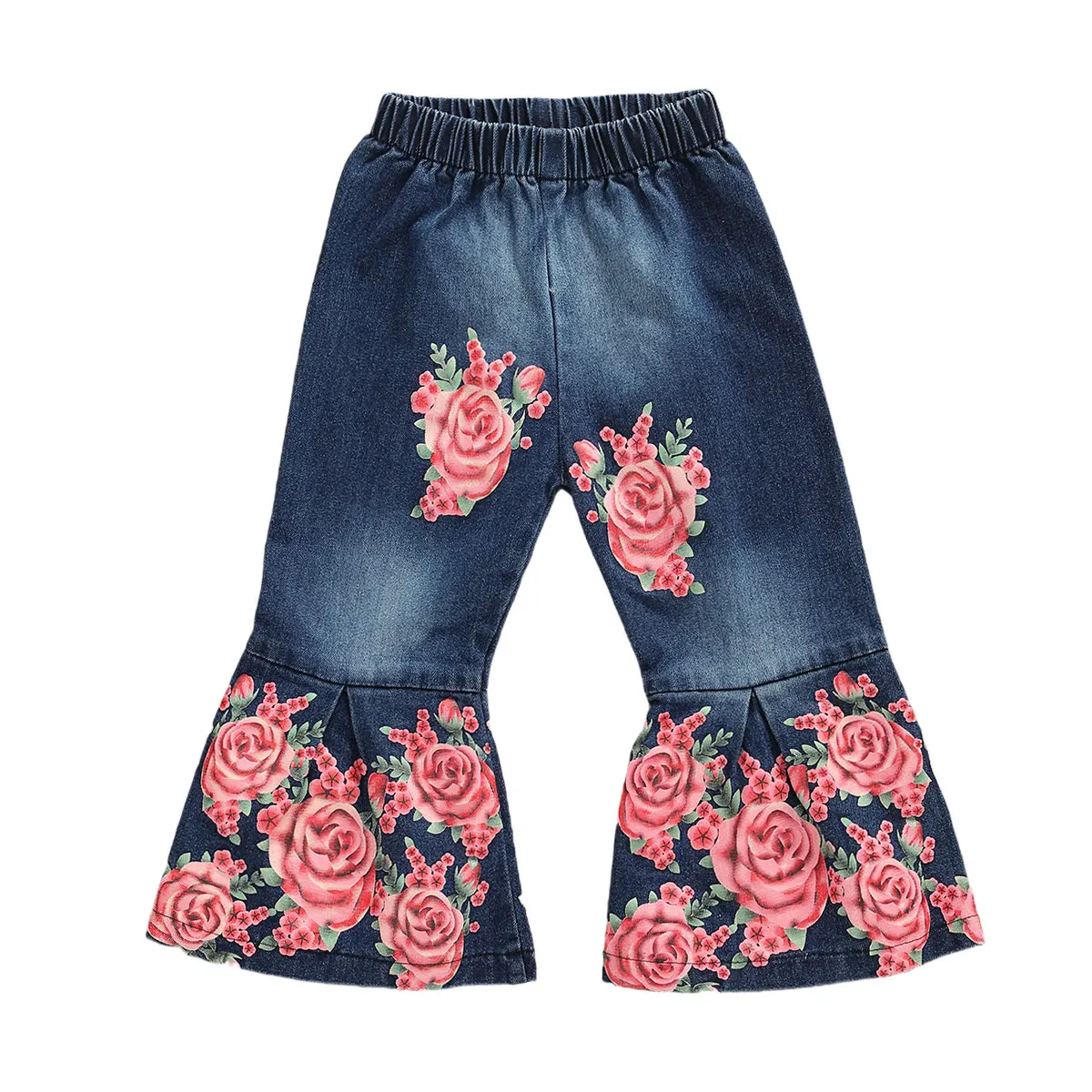 Infant Kids Baby Girl Denim Jeans Patchwork Flower Pattern Trouser Elastic Band Design Bell