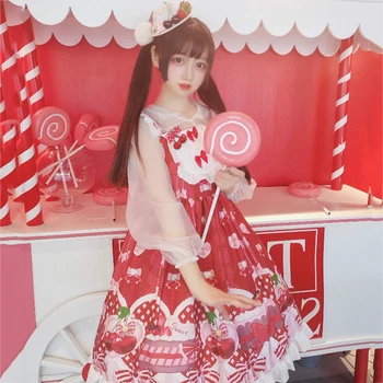 

Lolita Style Women Sweet Sundress Suspenders Pink Wine Strawberry Printed Sleeveless Bow Ruffles Cute Kawaii JSK Dress DT2275