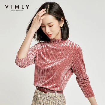 

Vimly 2020 Autumn Winter Women Velvet Stand Collar Shirt Elegant Office Lady Stripe Long Sleeve Slim Female Pullover Tops F5599