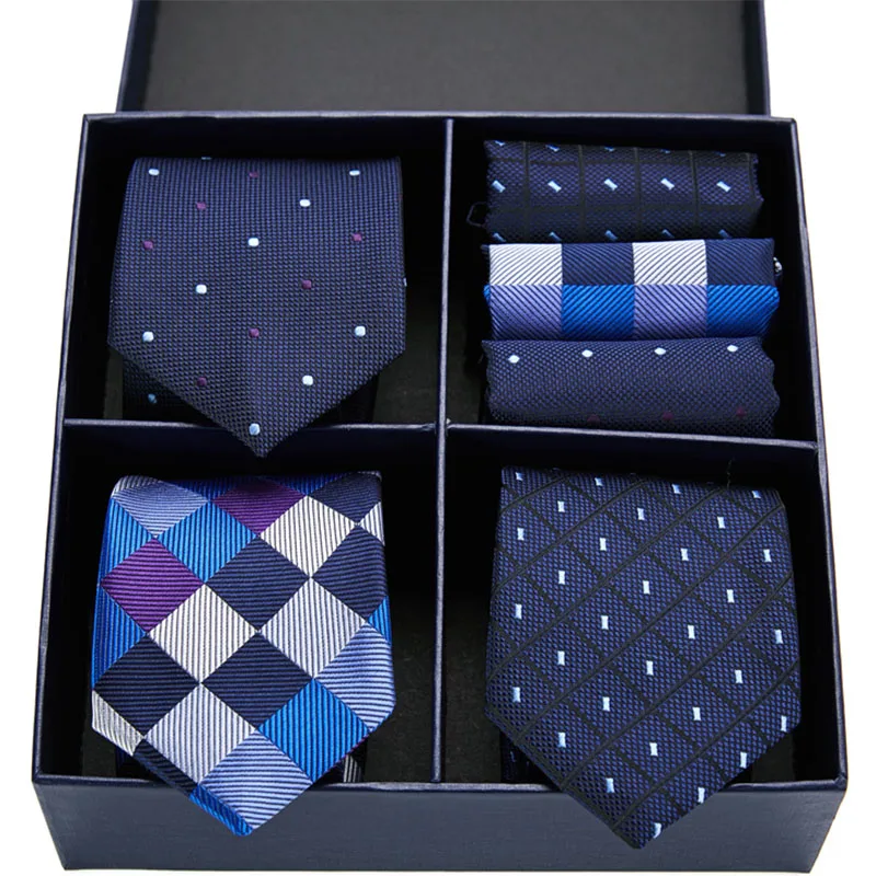 

Fashion Men's 3pcs Handkerchief Tie Set Gift Box Jacquard Woven 7.5CM Ties for Men Blue Striped Luxury Necktie Formal Business