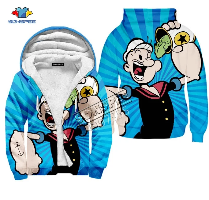 7 Popeye, Спортивная толстовка с капюшоном, на молнии, кепка, худи для мужчин и женщин, Harajuku, с 3D принтом, мягкая, удобная, сохраняющая тепло, зимняя куртка в стиле хип-хоп - Цвет: 7