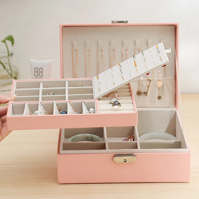 

TTLIFE 2020 New Double-Layer Leather Jewellery Box Ear Stud Earrings Ornament Storage Box Multi-Function Large Jewelry Box