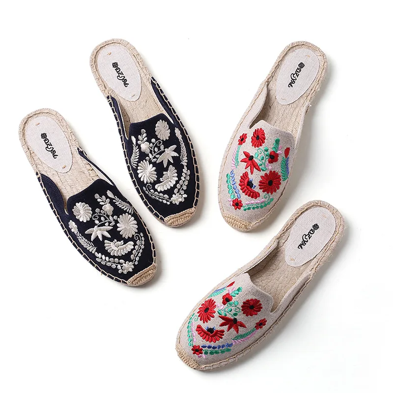 

2019 Summer Fashion National Wind ban tuo xie Flat Flax Semi-Pump Women's Outdoor Lazy Embroidery Sandals