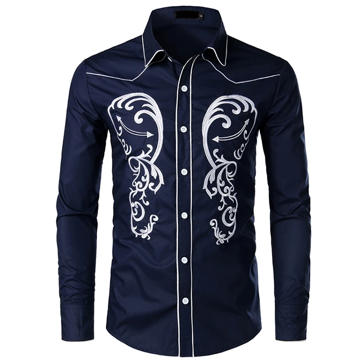 10 цветов, Мужская модная джинсовая рубашка в западном стиле, Мужская Дизайнерская приталенная рубашка с вышивкой и длинным рукавом, мужская повседневная рубашка для свадебной вечеринки - Цвет: Navy
