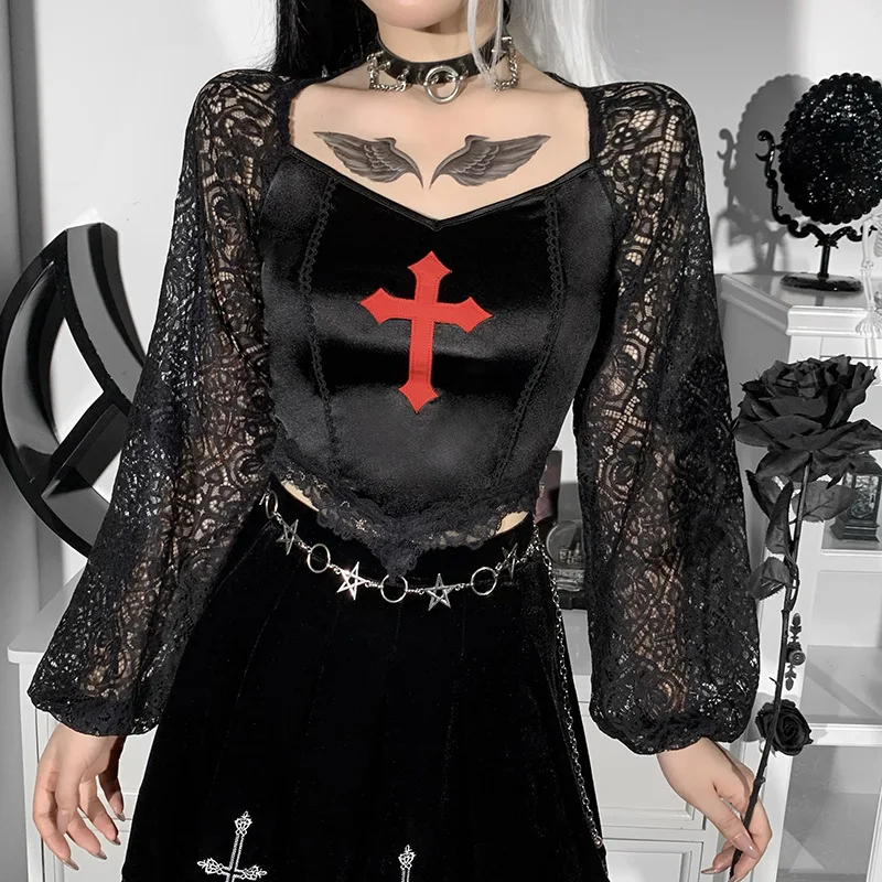 Gothic Cross Embroidery Black T Shirts Aesthetic Lace Puff Sleeve Patchwork Crop Tops Y2K Assymmetric Sexy Ladies Tees