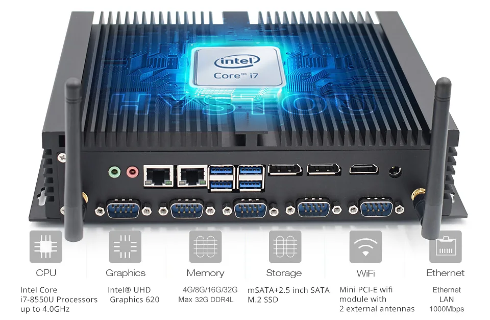 Hystou Мини ПК 8th Intel Core промышленный безвентиляторный i5 8250U i7 8550U Windows 10 DDR4 HDMI DP 4K RS232 HTPC NUC Dual Lan m2 wifi