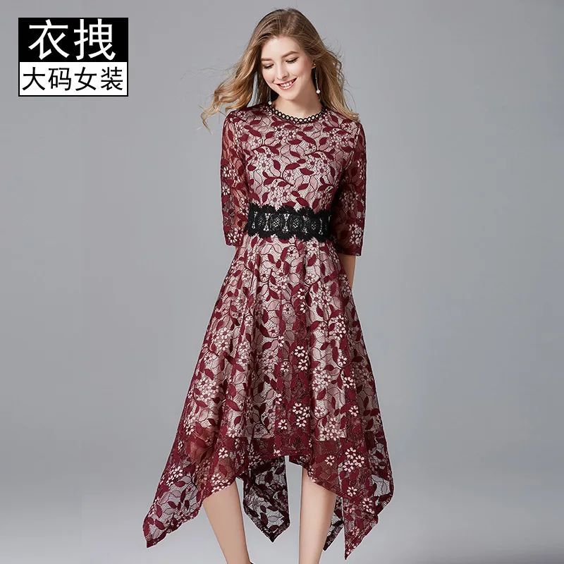 

Large Size Dress Ozhouzhan Spring And Autumn New Style Lace Joint Slim Fit Mid-length Irregular Dress