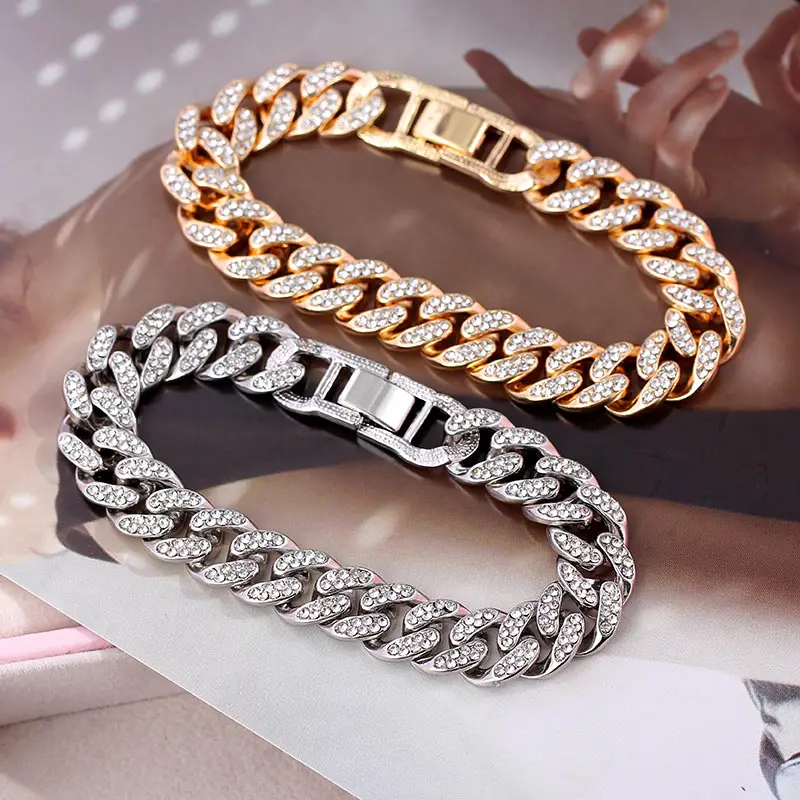 Neue Mode Luxus 12mm Iced Out Cuban Link Kette Armband f r Frauen M nner Gold Silber Farbe Bling Strass Armband schmuck