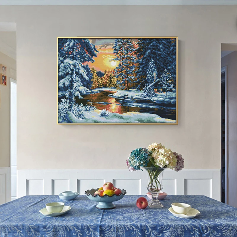 JoySunday Beautiful Snow Cross Stitch Kits Forest Sunset Snow DIY Handmade Fabric Cloth Cross Embroidery Sewing Set Home Deco