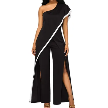

WoMen Chiffon Playsuit Party Wear Lady High Split Romper Long Trousers One Shoulder Ruffles Party Jumpsuit Office Overalls