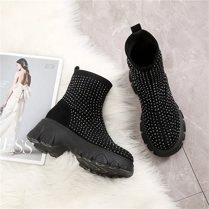 

BONJEAN Women's Winter Boots Rhinestone Women Platform Boot 2019 Fashion Stretch Warm Thick Sole Ladies Chunky Shoes Big Size