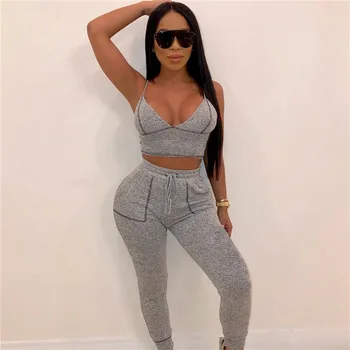 

2020 New Hot Women Sexy Bodysuit Tracksuit Crop Top + Casual Pants Two Piece Sets Club Outfits Matching Sets